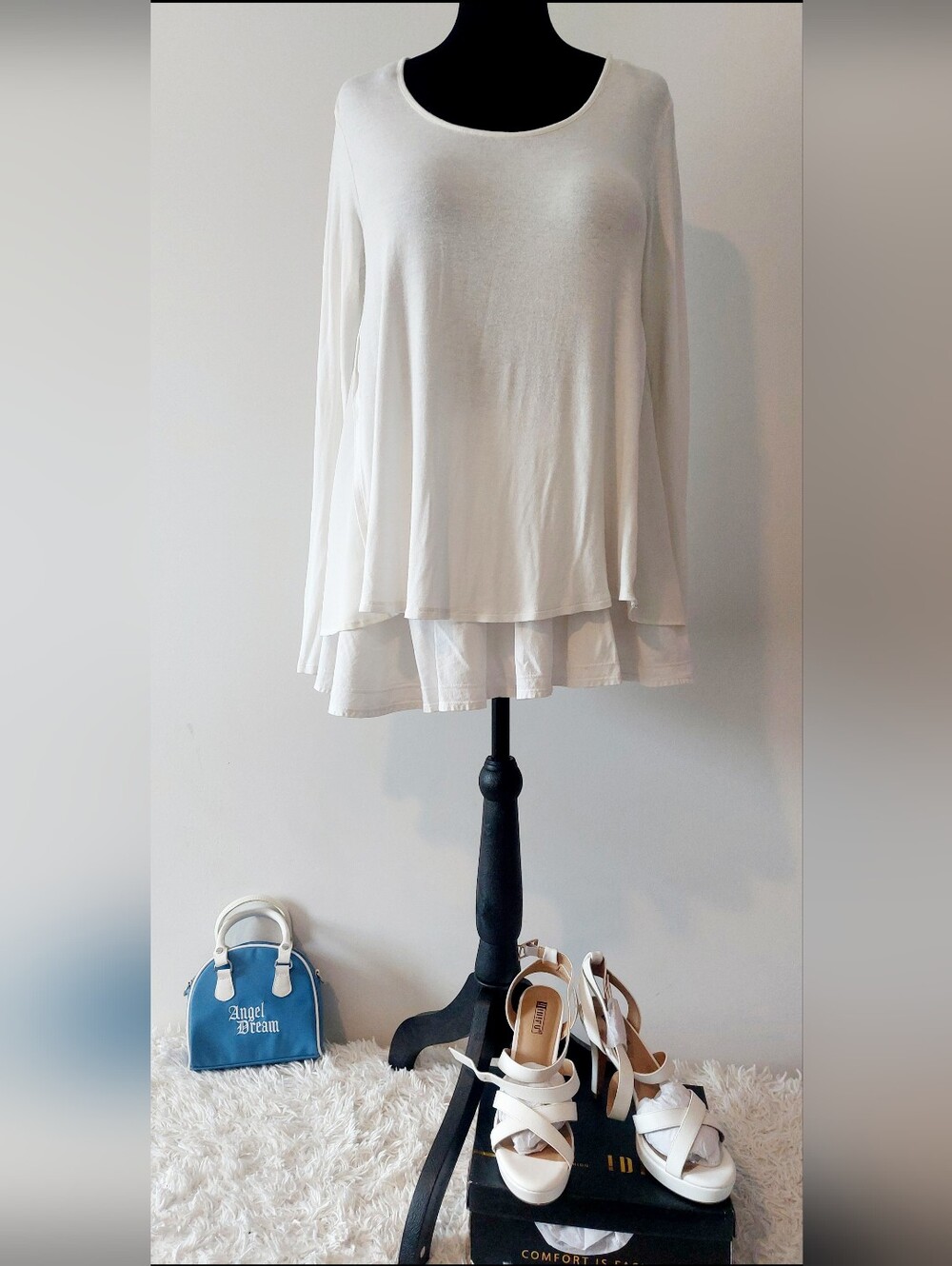 Madison & Berkeley White Off Shoulder Side Vent Long Sleeve Top M